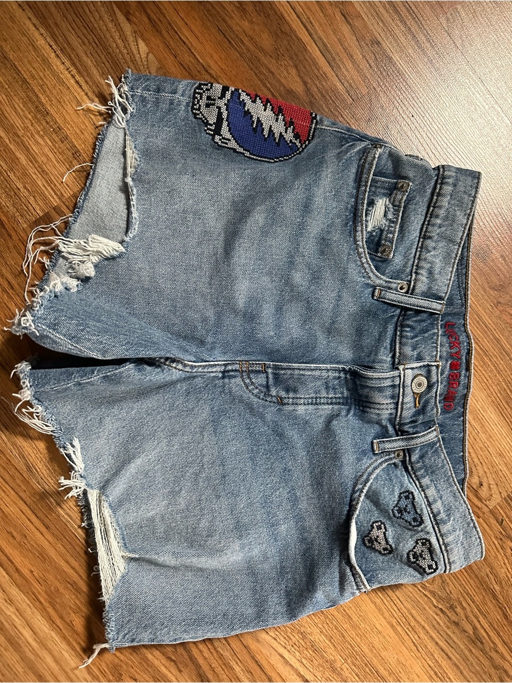 Grateful Dead Embroidered Light Wash Denim Cutoff Shorts - Patches